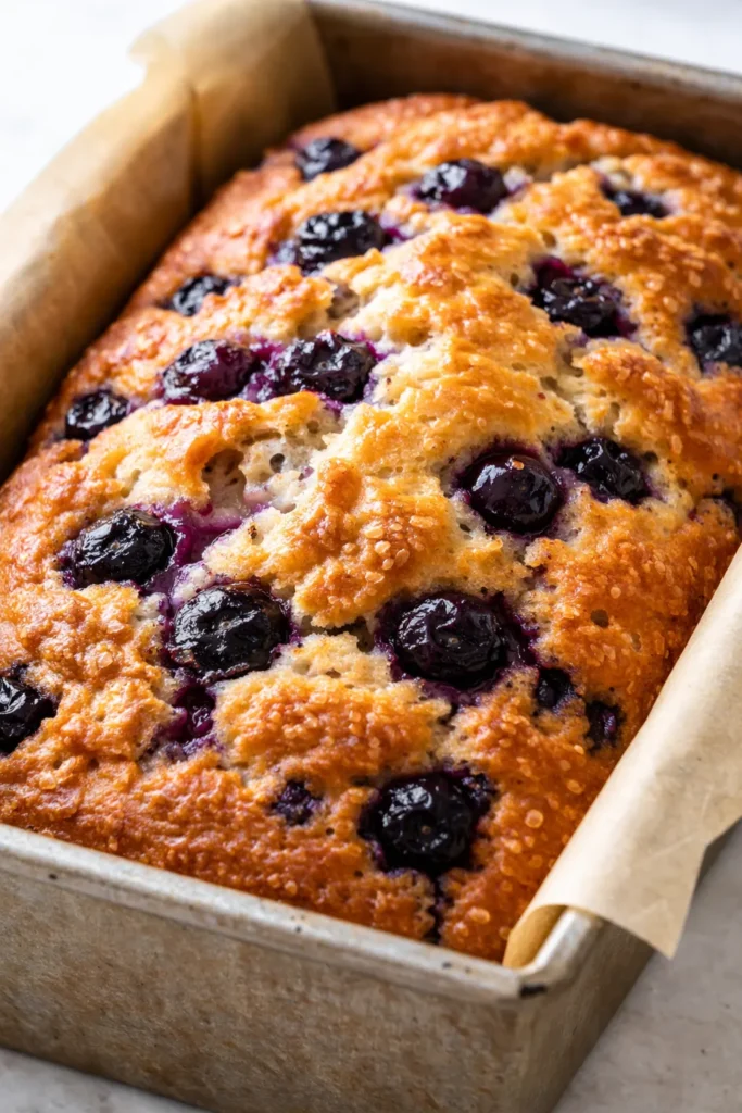 Moist blueberry quick bread loaf with golden crust and plump blueberries, sliced on a wooden board.