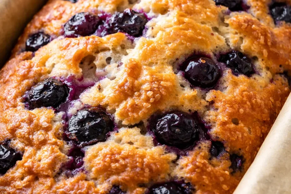 Moist blueberry quick bread loaf with golden crust and plump blueberries, sliced on a wooden board.