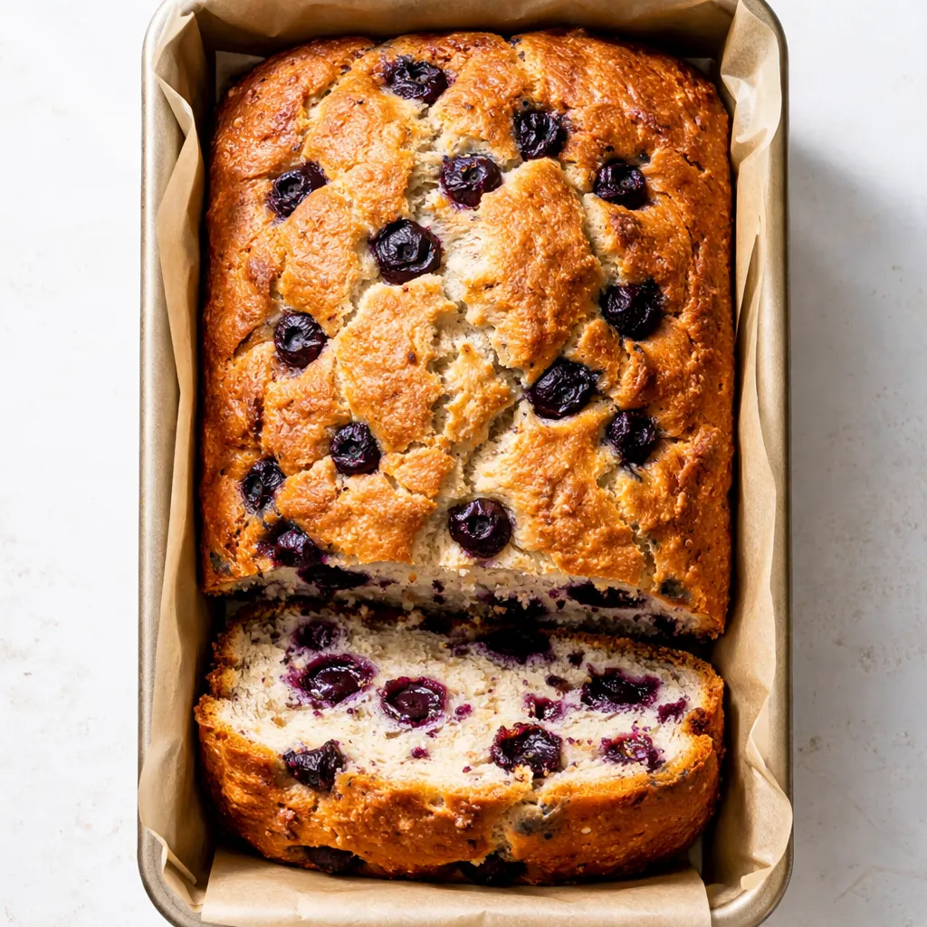 Moist blueberry quick bread slices with juicy berries, golden crust, fluffy texture.
