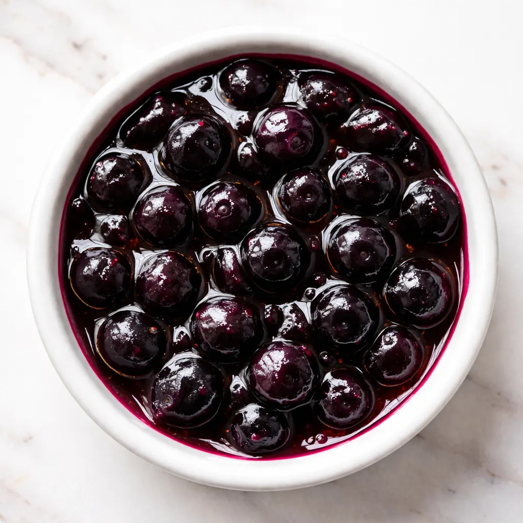 Blueberry sauce simmering on stove with whole berries visible, deep purple color and glossy texture.