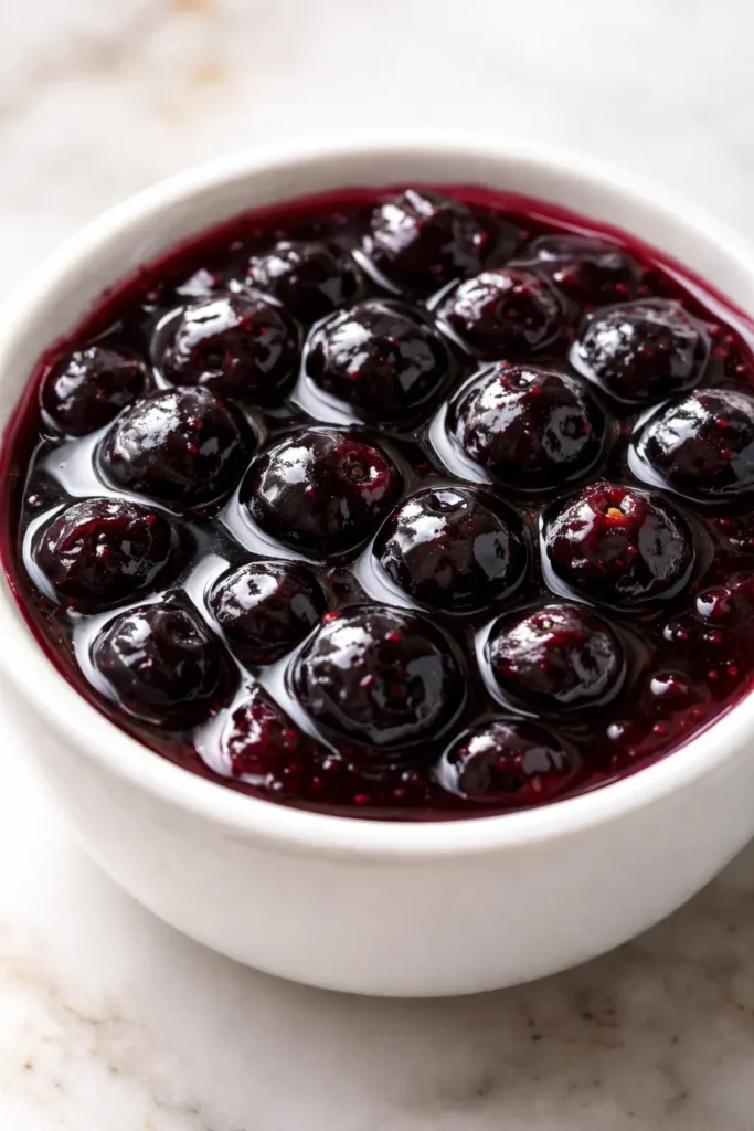 Thick, glossy blueberry sauce with whole berries and a rich deep purple color, drizzled over pancakes.