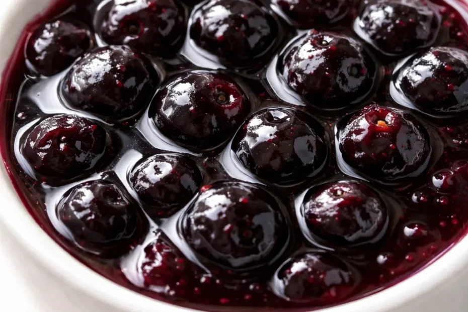 Thick, glossy blueberry sauce with whole berries and a rich deep purple color, drizzled over pancakes.