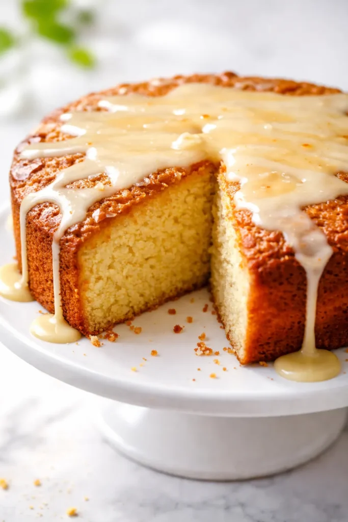Golden brown butter cornmeal cake with a crisp edge and tender crumb, lightly dusted with powdered sugar.