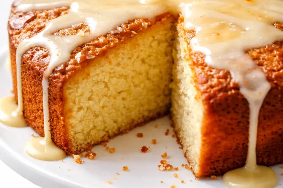 Golden brown butter cornmeal cake with a crisp edge and tender crumb, lightly dusted with powdered sugar.