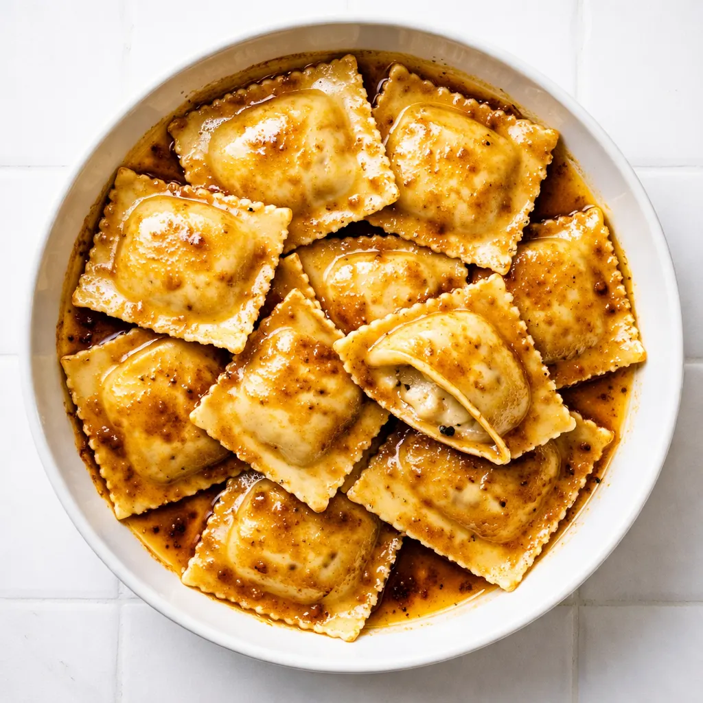 Golden brown butter ravioli sauce with crispy sage leaves over cheese ravioli, showing rich color and nutty aroma.