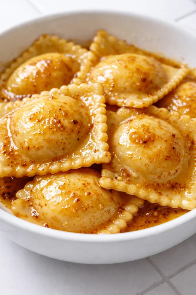 Golden brown butter ravioli sauce coating tender pasta, topped with crispy sage leaves for a glossy, aromatic finish.