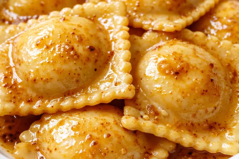 Golden brown butter ravioli sauce coating tender pasta, topped with crispy sage leaves for a glossy, aromatic finish.