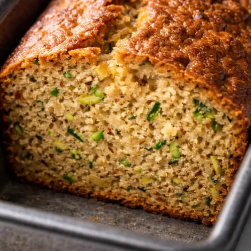 Sliced brown butter zucchini banana bread on a plate, golden brown with green zucchini flecks, moist crumb.