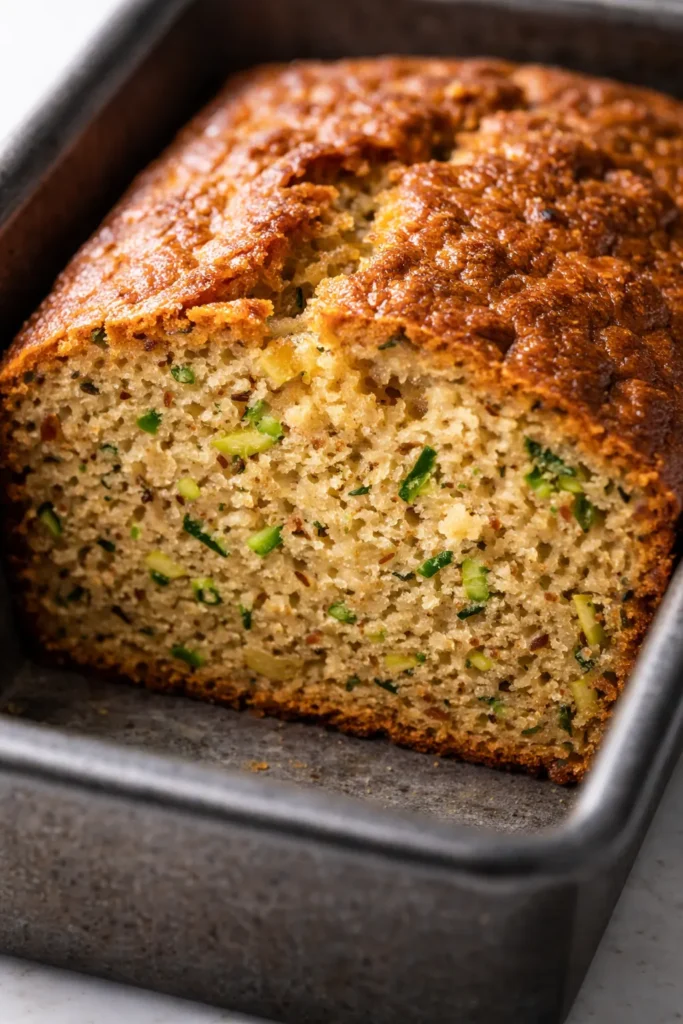 Sliced brown butter zucchini banana bread on a plate, golden brown with green zucchini flecks, moist crumb.