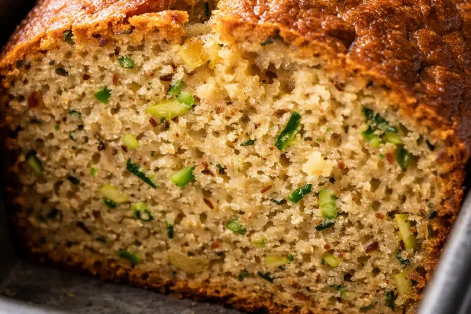 Sliced brown butter zucchini banana bread on a plate, golden brown with green zucchini flecks, moist crumb.