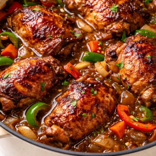 Rich brown stew chicken with tender pieces in savory gravy, garnished with fresh herbs