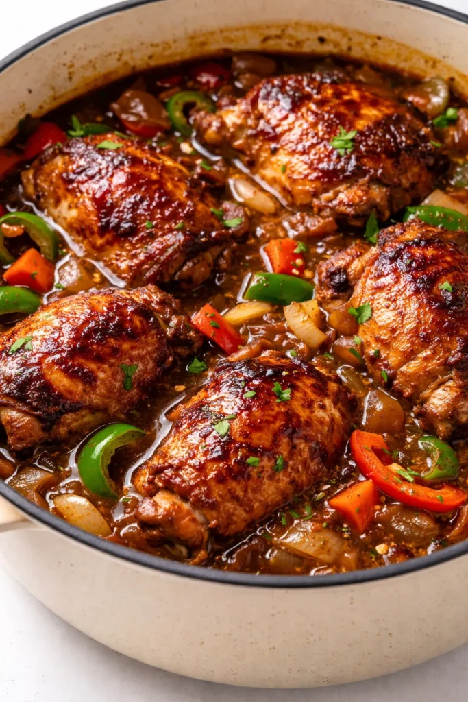Rich brown stew chicken with tender pieces in savory gravy, garnished with fresh herbs