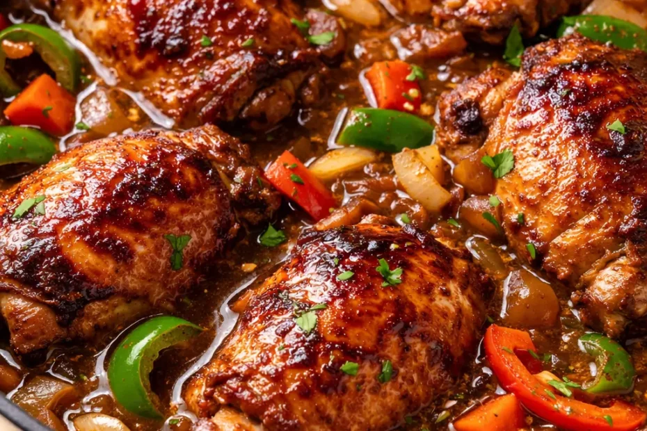 Rich brown stew chicken with tender pieces in savory gravy, garnished with fresh herbs