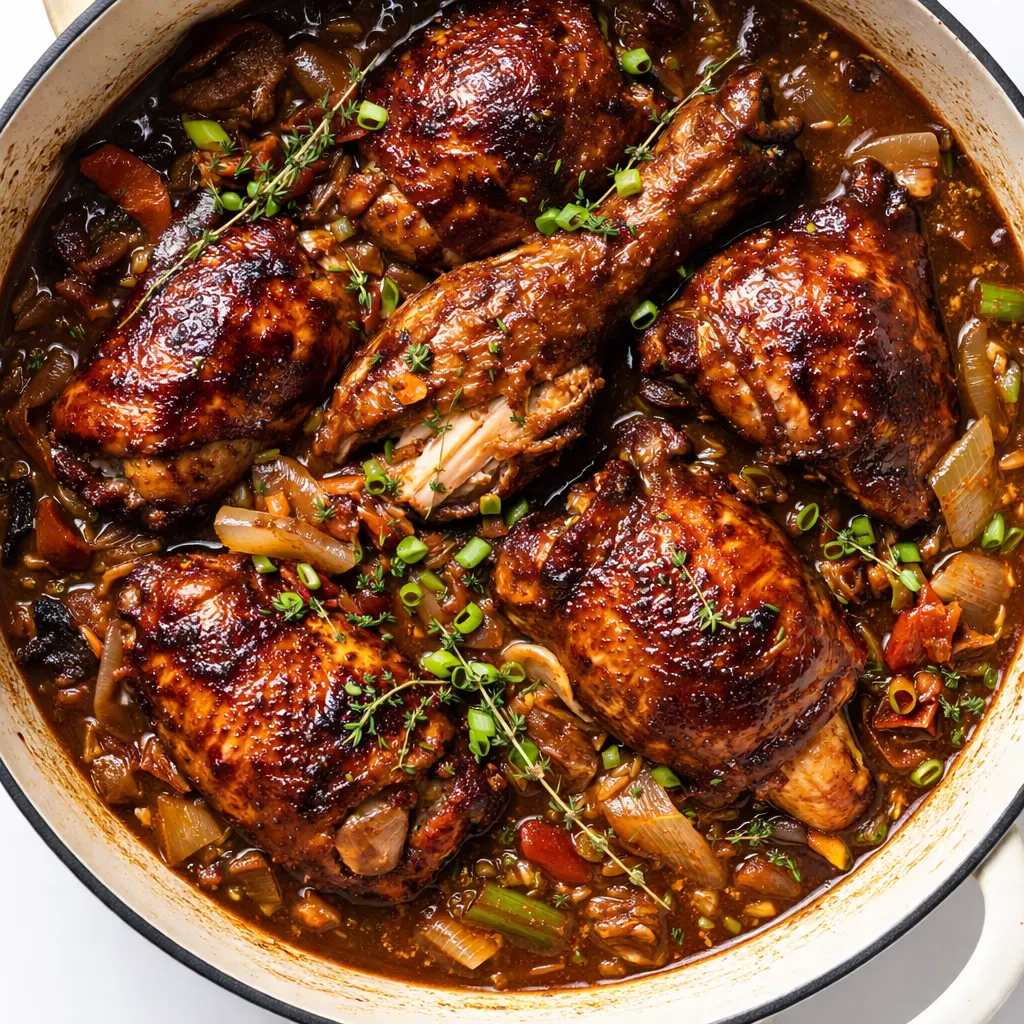 Brown stew chicken simmering in a one pot with rich brown gravy, tender chicken pieces, and colorful vegetables.
