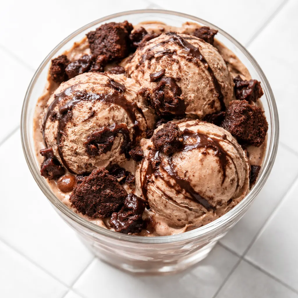 A scoop of brownie chocolate swirl ice cream with dark chocolate ribbons and brownie pieces, creamy texture.