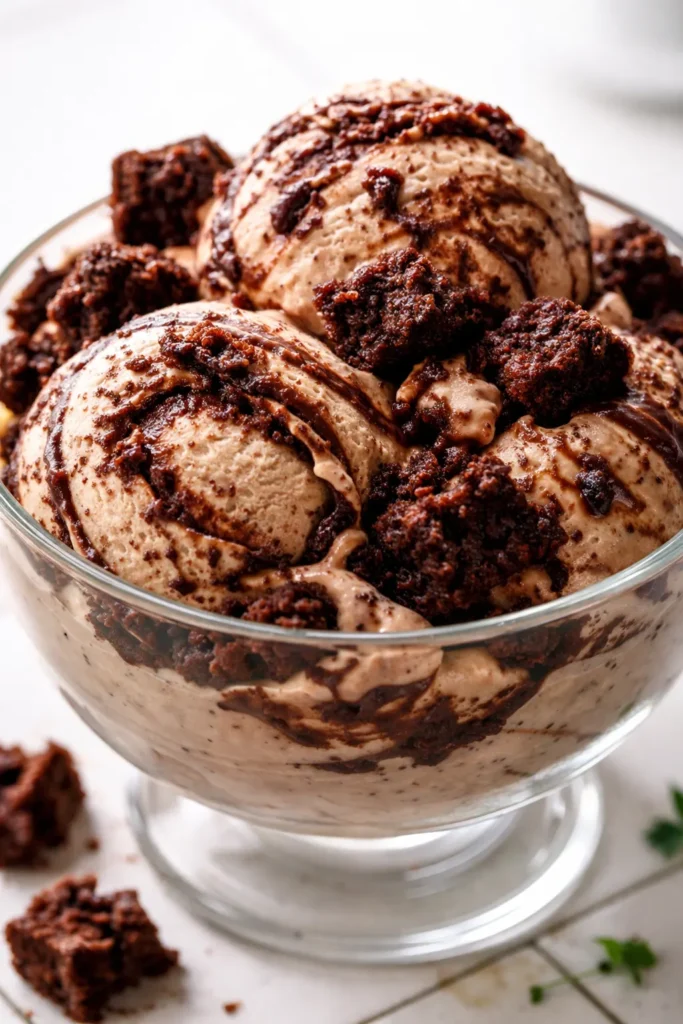 Rich brownie chocolate swirl ice cream with fudgy chunks and creamy vanilla swirls, drizzled with chocolate sauce.