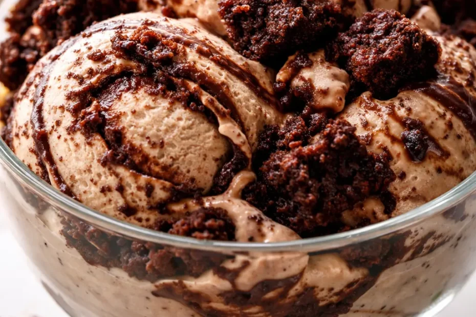 Rich brownie chocolate swirl ice cream with fudgy chunks and creamy vanilla swirls, drizzled with chocolate sauce.
