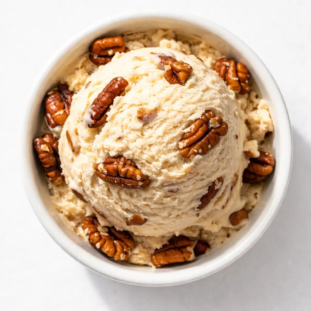 Scoop of creamy homemade butter pecan ice cream with toasted pecans in a ceramic bowl, rich golden color.
