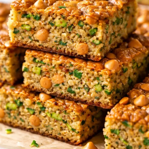 Moist and tender butterscotch zucchini bars with a glossy glaze, golden brown, on a serving plate.