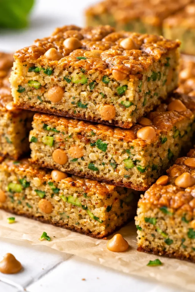 Moist and tender butterscotch zucchini bars with a glossy glaze, golden brown, on a serving plate.
