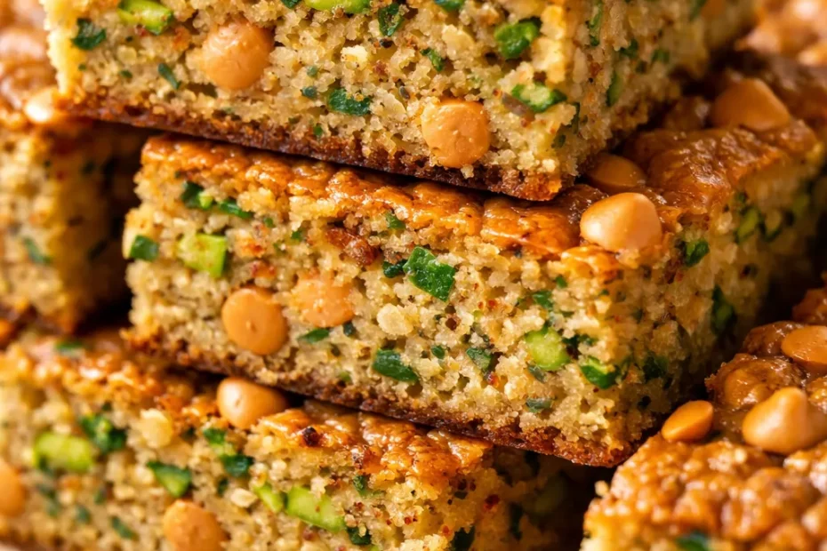 Moist and tender butterscotch zucchini bars with a glossy glaze, golden brown, on a serving plate.