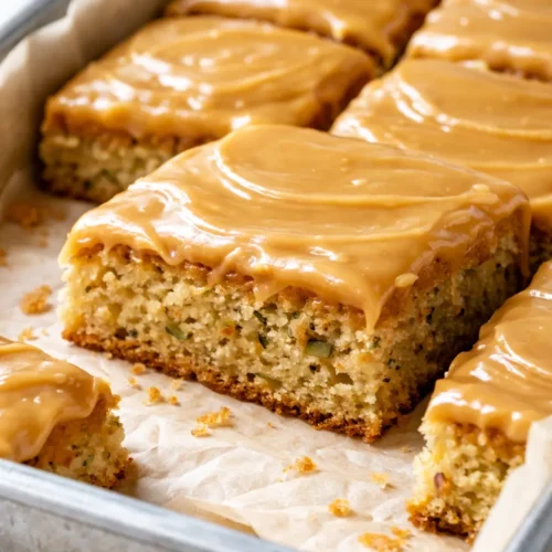 Caramel frosted zucchini bars with rich golden frosting and moist crumb showing zucchini flecks