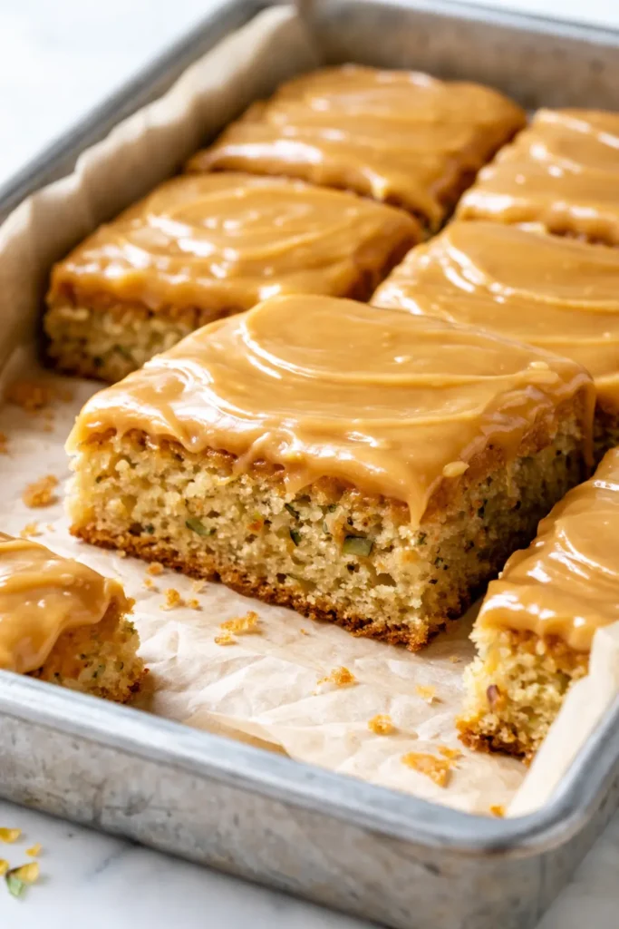 Caramel frosted zucchini bars with rich golden frosting and moist crumb showing zucchini flecks