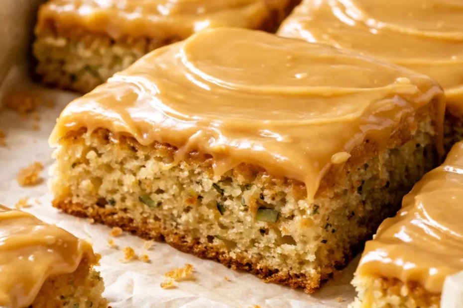 Caramel frosted zucchini bars with rich golden frosting and moist crumb showing zucchini flecks