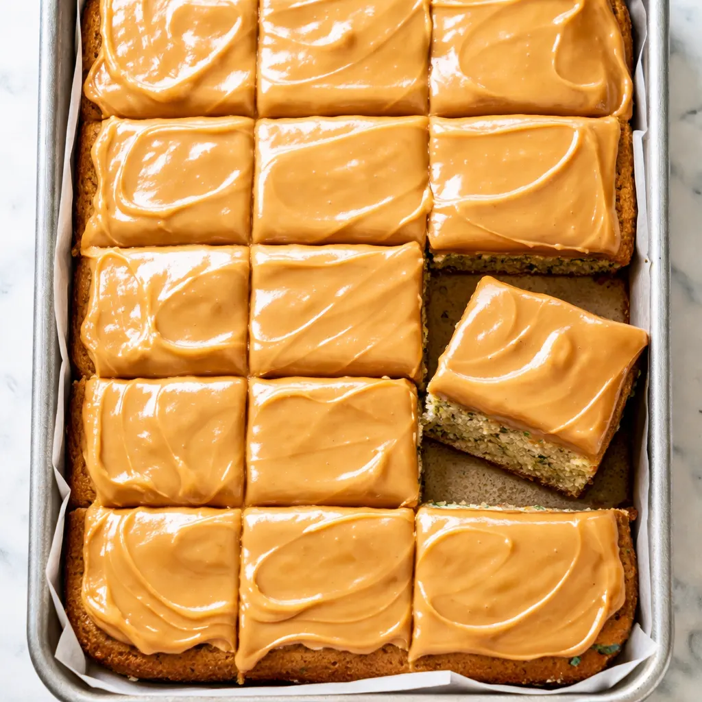 Moist zucchini bars stacked high, topped with thick caramel frosting and extra caramel drizzle, on a rustic wooden surface.
