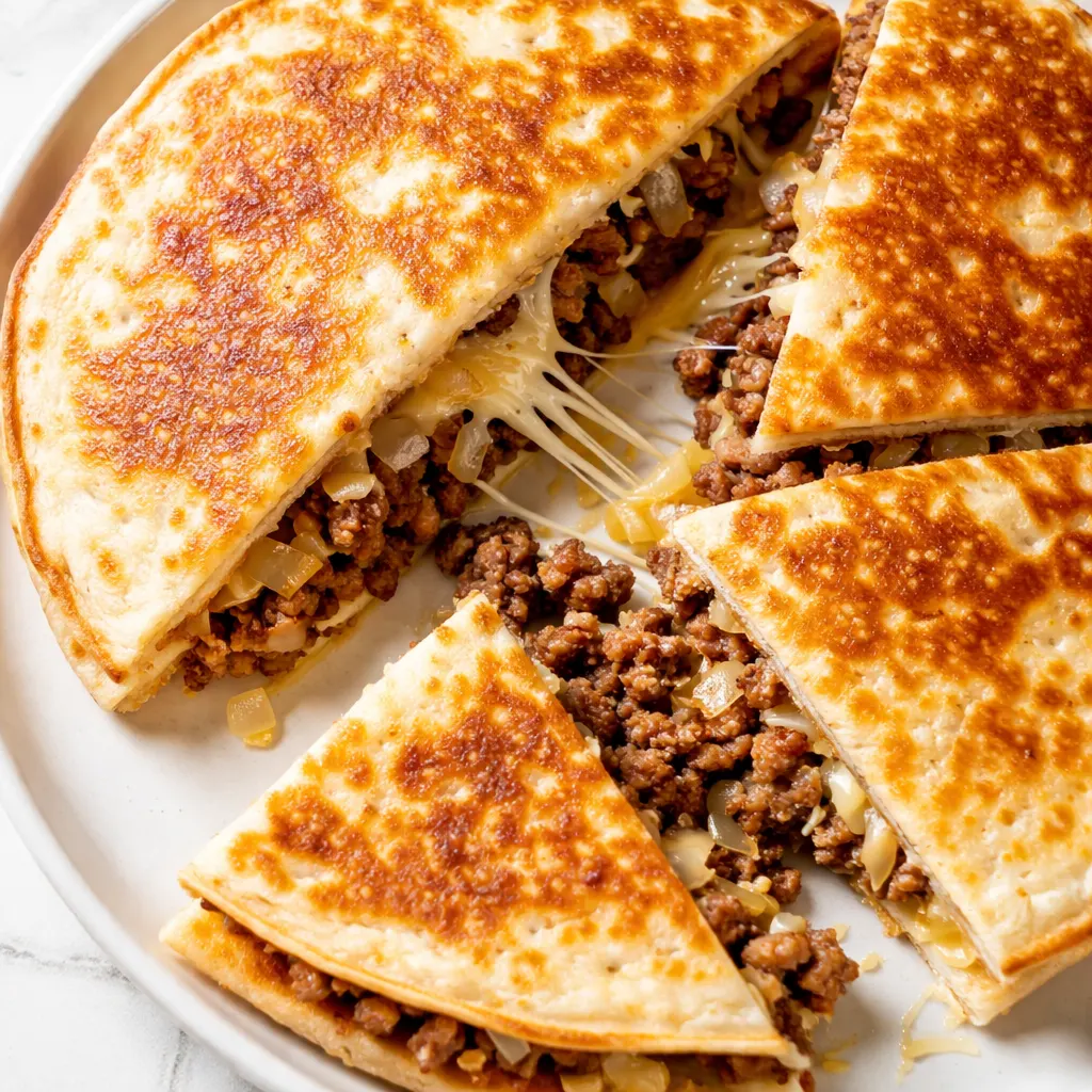 Crispy golden brown cheesy ground beef quesadilla being flipped in a hot skillet, showing melted cheese and browned beef.