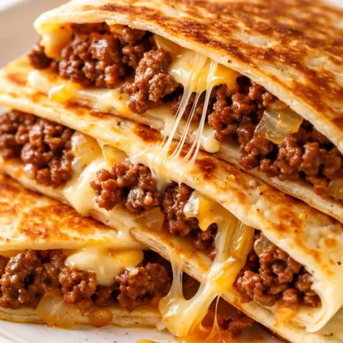 Golden brown crispy cheesy ground beef quesadillas cut into wedges on a plate with melted cheese oozing out.