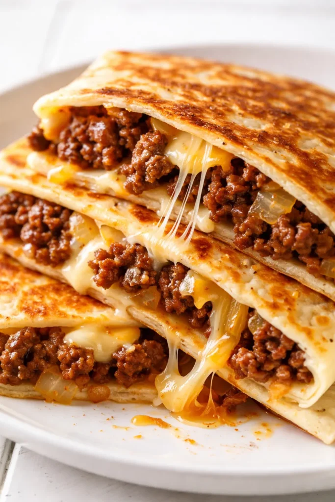 Golden brown crispy cheesy ground beef quesadillas cut into wedges on a plate with melted cheese oozing out.