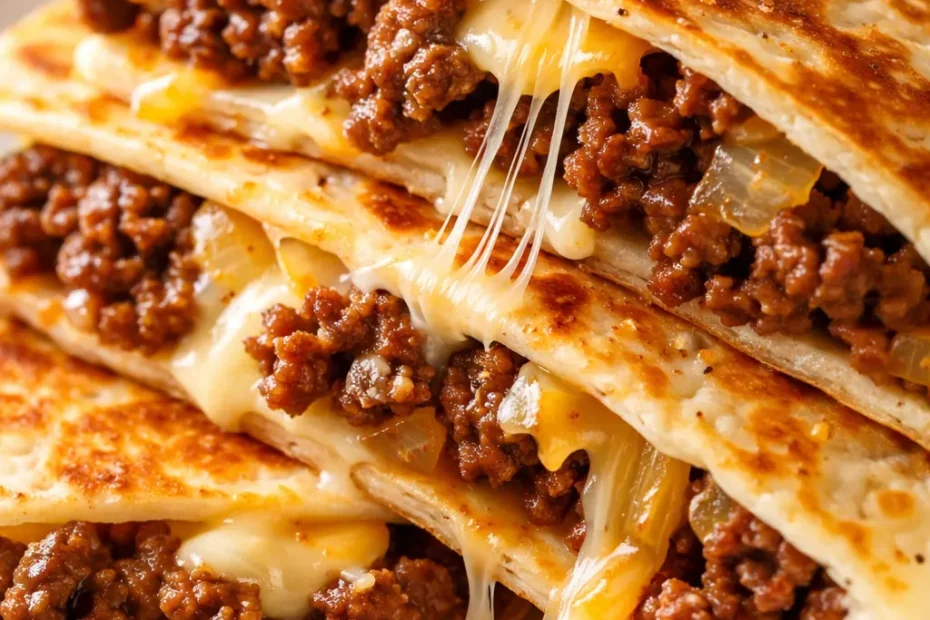 Golden brown crispy cheesy ground beef quesadillas cut into wedges on a plate with melted cheese oozing out.