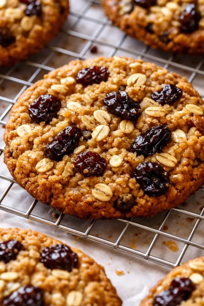 Golden brown chewy oatmeal raisin cookies with visible raisins, soft and thick texture from secret soaking step.