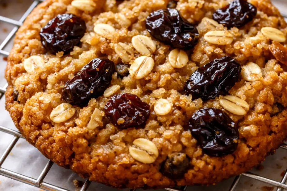 Golden brown chewy oatmeal raisin cookies with visible raisins, soft and thick texture from secret soaking step.