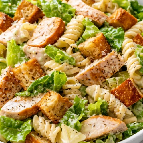 Creamy chicken caesar pasta salad with tender chicken, crisp romaine, shaved parmesan, and golden croutons tossed in a bowl.