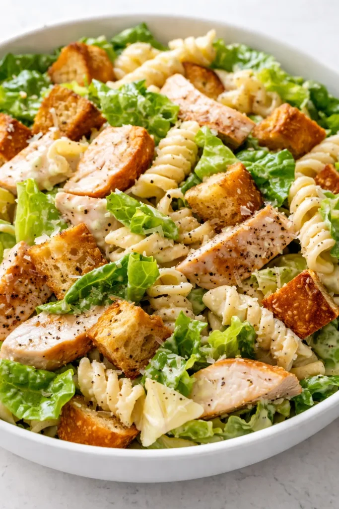 Creamy chicken caesar pasta salad with tender chicken, crisp romaine, shaved parmesan, and golden croutons tossed in a bowl.