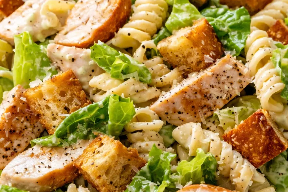 Creamy chicken caesar pasta salad with tender chicken, crisp romaine, shaved parmesan, and golden croutons tossed in a bowl.