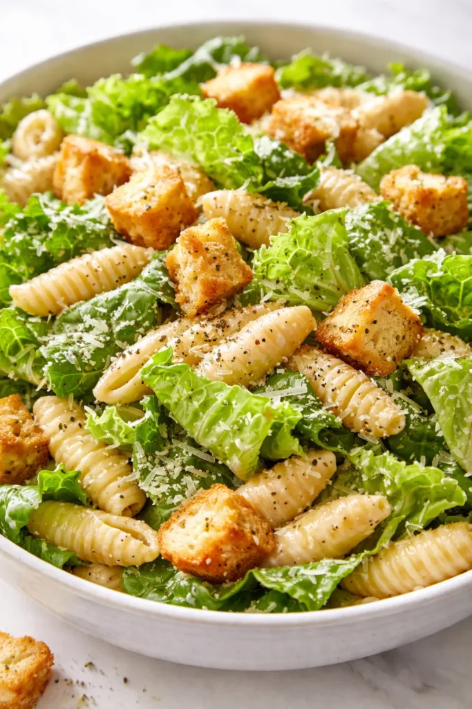 Creamy chicken Caesar pasta salad with crunchy croutons, parmesan shavings, and crisp romaine lettuce in a wooden bowl.