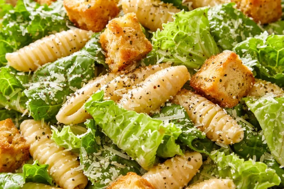 Creamy chicken Caesar pasta salad with crunchy croutons, parmesan shavings, and crisp romaine lettuce in a wooden bowl.