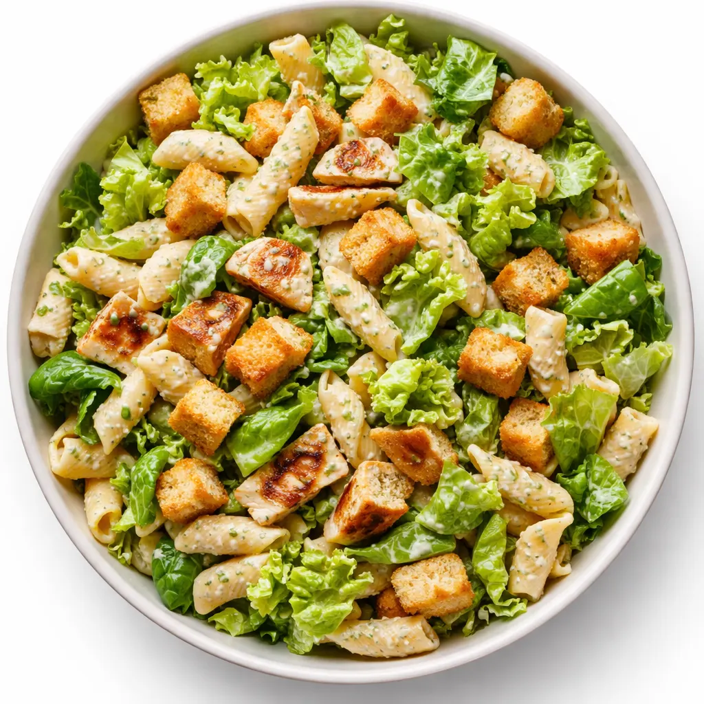 Tossing cooked rotini, grilled chicken strips, and crunchy croutons with creamy Caesar dressing in a large mixing bowl.