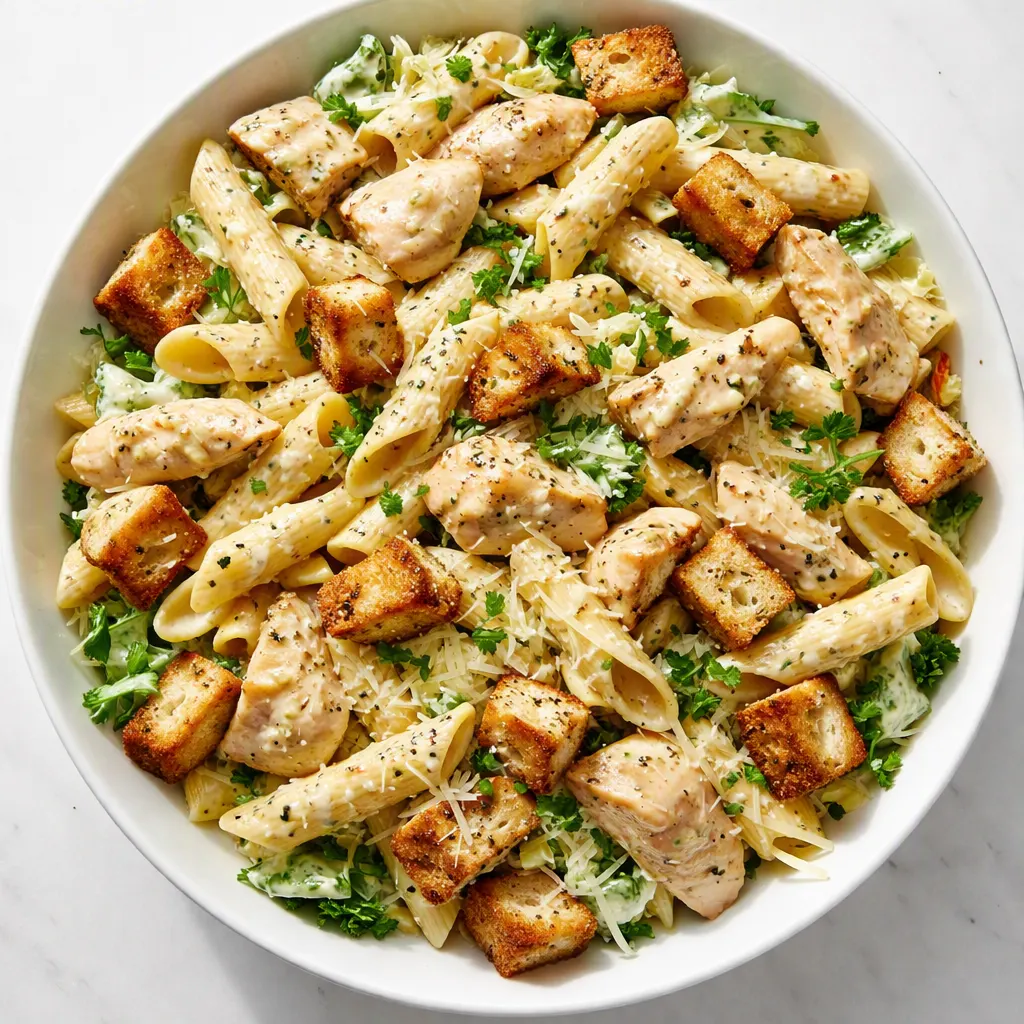 Creamy chicken Caesar pasta salad tossed with crisp romaine, parmesan, and golden croutons.