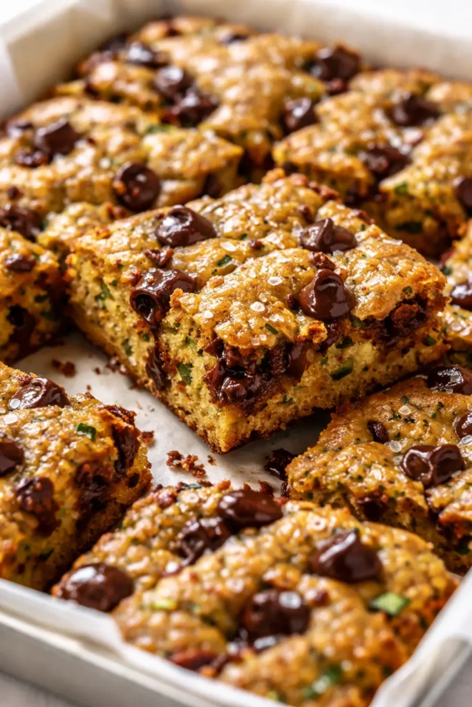 Golden-brown chocolate chip zucchini bars with melty chocolate chips, displaying a tender, moist crumb.