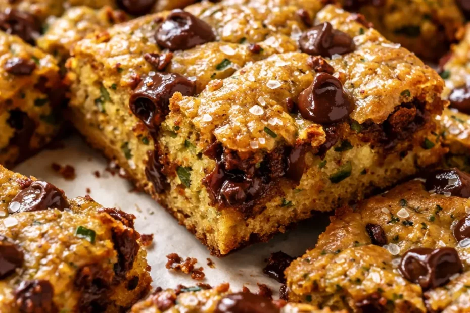 Golden-brown chocolate chip zucchini bars with melty chocolate chips, displaying a tender, moist crumb.