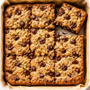 Golden brown chocolate chip zucchini bars with melted chocolate chips, soft and tender texture, on a cooling rack.