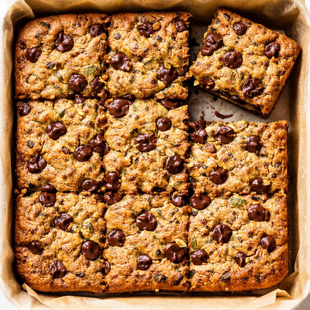Golden brown chocolate chip zucchini bars with melted chocolate chips, soft and tender texture, on a cooling rack.