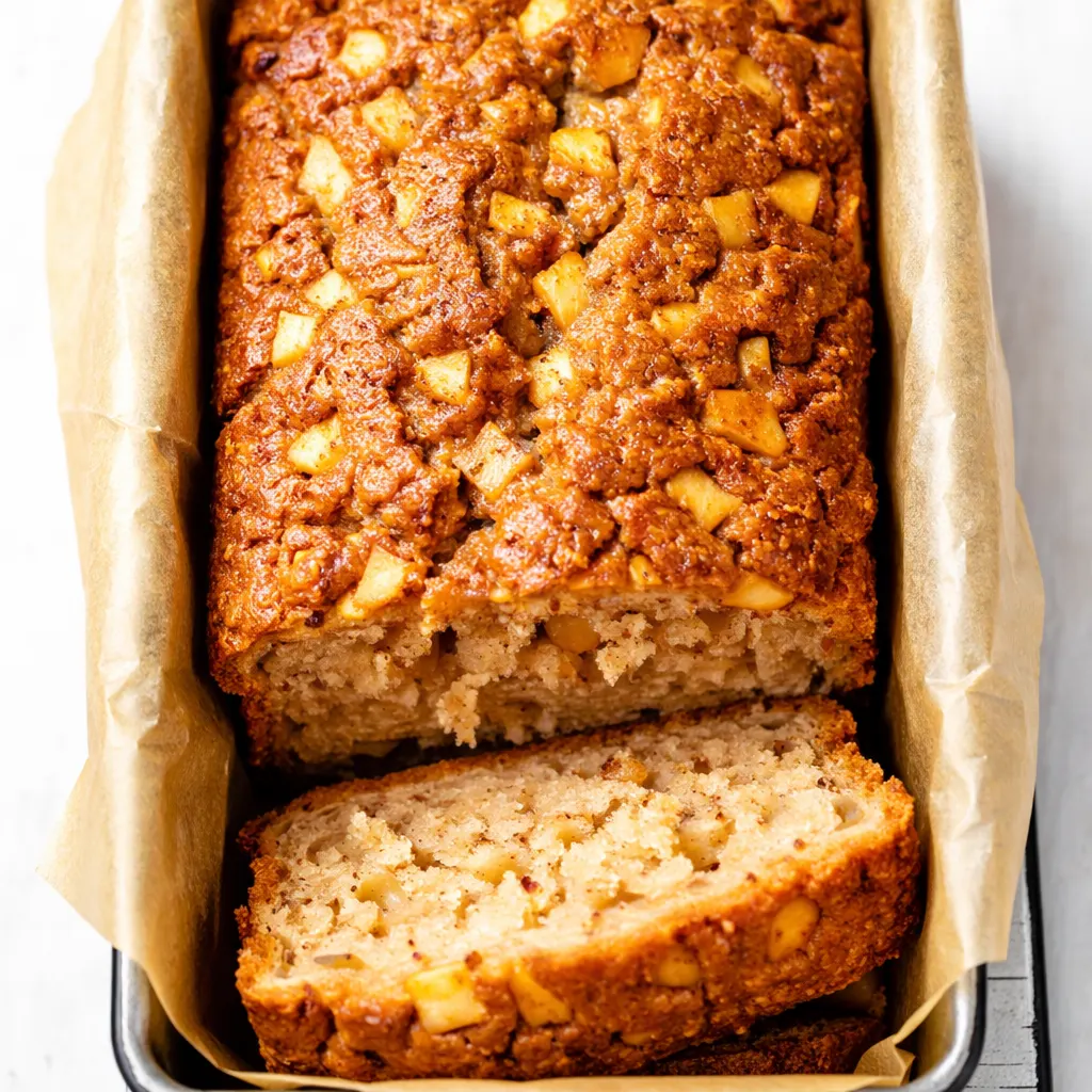 Moist cinnamon apple bread loaf with a beautiful cinnamon-sugar swirl, golden brown crust, and tender apple chunks visible in the slice.