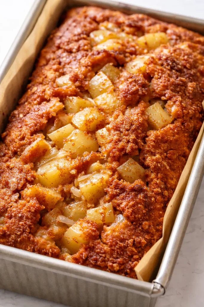 Moist cinnamon apple bread loaf with golden brown crust and cinnamon swirls, sliced to reveal tender apple pieces.