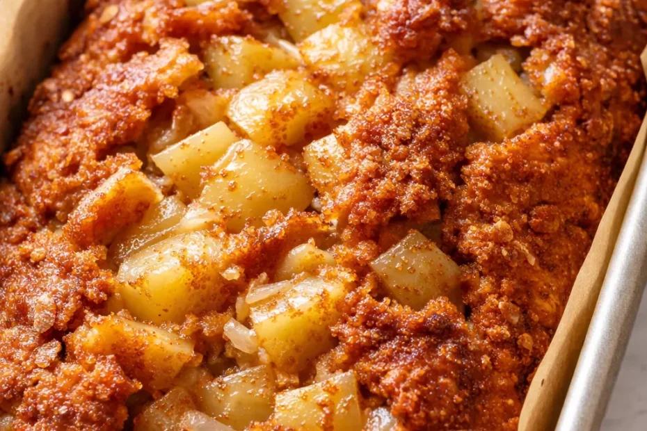 Moist cinnamon apple bread loaf with golden brown crust and cinnamon swirls, sliced to reveal tender apple pieces.