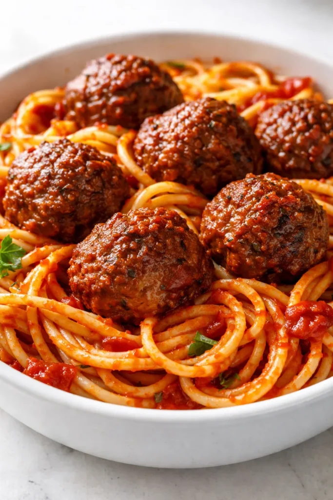Golden-brown classic Italian meatballs in rich marinara sauce, garnished with fresh basil and Parmesan cheese.